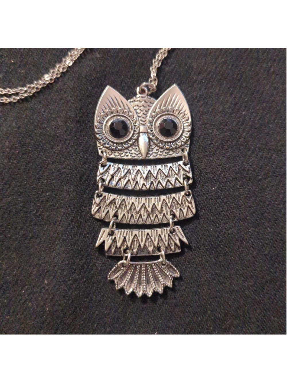 Silver Tone Black Rhinestone Owl Segmented Wiggle Pendant Statement Necklace